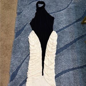 Fashion Nova Black and Cream Backless Dress